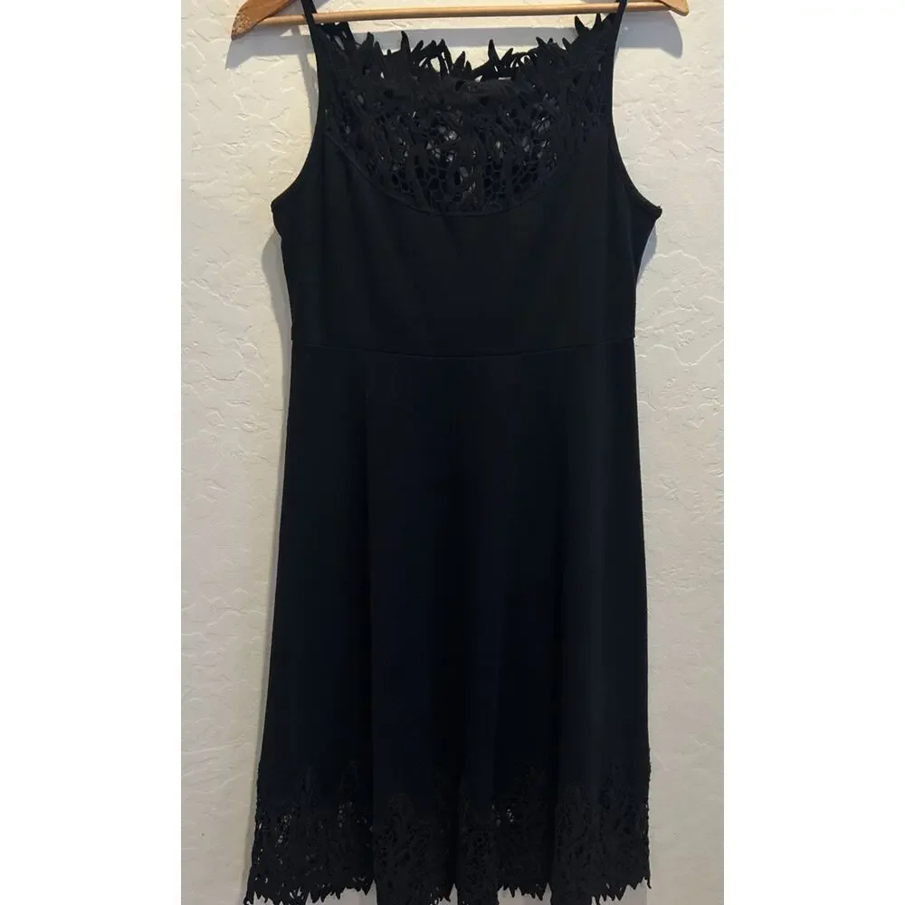 Free People Black Forget Me Not Fit/Flare Stretch Ponte Crochet Eyelet Dress M‎